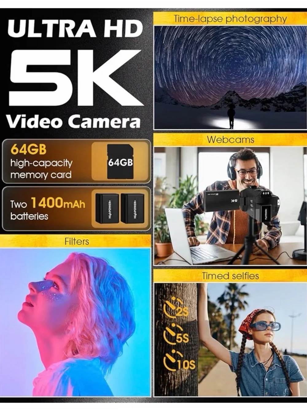 5K 8X Optical Camcorder with External Microphone - Black